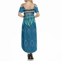 Aotearoa Maori Ngati Kahungunu Iwi Paua Blue Summer Maxi Dress Korowai Tukutuku Kaokao Motifs