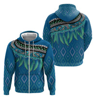 Aotearoa Maori Ngati Kahungunu Iwi Paua Blue Zip Hoodie Korowai Tukutuku Kaokao Motifs
