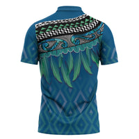 Aotearoa Maori Ngati Kahungunu Iwi Paua Blue Zipper Polo Shirt Korowai Tukutuku Kaokao Motifs