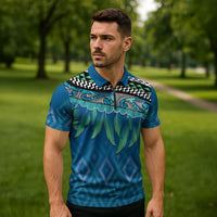 Aotearoa Maori Ngati Kahungunu Iwi Paua Blue Zipper Polo Shirt Korowai Tukutuku Kaokao Motifs