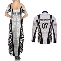 Personalised Fiji Rugby Couples Matching Summer Maxi Dress and Long Sleeve Button Shirts 2023 World Cup History Makers - White Ver LT7 - Polynesian Pride