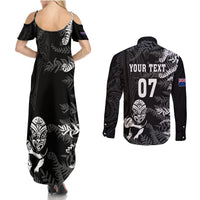 Personalised New Zealand Rugby Couples Matching Summer Maxi Dress and Long Sleeve Button Shirts Silver Fern Basic 2023 World Cup LT7 - Polynesian Pride
