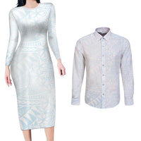 White Sunday Couples Matching Long Sleeve Bodycon Dress and Long Sleeve Button Shirt Plumeria Tatau Mix Tapa