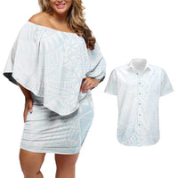 White Sunday Couples Matching Off Shoulder Short Dress and Hawaiian Shirt Plumeria Tatau Mix Tapa