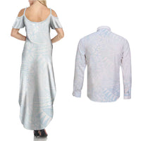 White Sunday Couples Matching Summer Maxi Dress and Long Sleeve Button Shirt Plumeria Tatau Mix Tapa