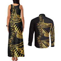 Polynesia Couples Matching Tank Maxi Dress and Long Sleeve Button Shirt Black & Gold Fancy Plumeria