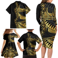 Polynesia Family Matching Long Sleeve Bodycon Dress and Hawaiian Shirt Black & Gold Fancy Plumeria