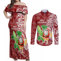 Hawaii Christmas Mele Kalikimaka Couples Matching Off Shoulder Maxi Dress and Long Sleeve Button Shirt Santa Claus LT7 Red - Polynesian Pride