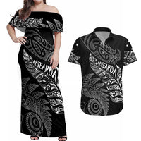 Aotearoa Personalized Lawn Bowls Maori Couples Matching Off Shoulder Maxi Dress and Hawaiian Shirt New Zealand Black Tribal Silver Fern - Polynesian Pride
