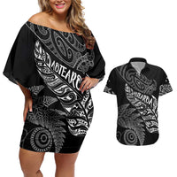 Aotearoa Personalized Lawn Bowls Maori Couples Matching Off Shoulder Short Dress and Hawaiian Shirt New Zealand Black Tribal Silver Fern - Polynesian Pride
