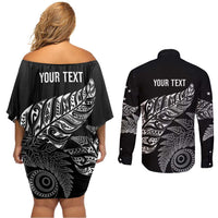 Aotearoa Personalized Lawn Bowls Maori Couples Matching Off Shoulder Short Dress and Long Sleeve Button Shirt New Zealand Black Tribal Silver Fern - Polynesian Pride