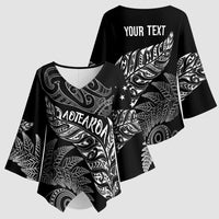 Aotearoa Personalized Lawn Bowls Maori Kimono Sleeve Blouse New Zealand Black Tribal Silver Fern - Polynesian Pride