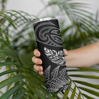 Aotearoa Personalized Lawn Bowls Maori Skinny Tumbler New Zealand Black Tribal Silver Fern - Polynesian Pride