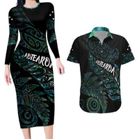 Aotearoa Personalized Lawn Bowls Maori Couples Matching Long Sleeve Bodycon Dress and Hawaiian Shirt New Zealand Paua Shell Tribal Silver Fern - Polynesian Pride