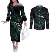 Aotearoa Personalized Lawn Bowls Maori Couples Matching Off The Shoulder Long Sleeve Dress and Long Sleeve Button Shirt New Zealand Paua Shell Tribal Silver Fern - Polynesian Pride