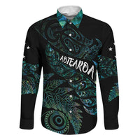 Aotearoa Personalized Lawn Bowls Maori Family Matching Off The Shoulder Long Sleeve Dress and Hawaiian Shirt New Zealand Paua Shell Tribal Silver Fern LT7 Dad's Shirt - Long Sleeve Green - Polynesian Pride