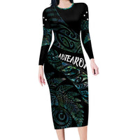 Aotearoa Personalized Lawn Bowls Maori Long Sleeve Bodycon Dress New Zealand Paua Shell Tribal Silver Fern - Polynesian Pride