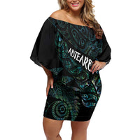 Aotearoa Personalized Lawn Bowls Maori Off Shoulder Short Dress New Zealand Paua Shell Tribal Silver Fern - Polynesian Pride