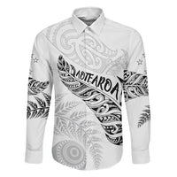 Aotearoa Personalized Lawn Bowls Maori Family Matching Off Shoulder Maxi Dress and Hawaiian Shirt New Zealand White Tribal Silver Fern LT7 Dad's Shirt - Long Sleeve White - Polynesian Pride
