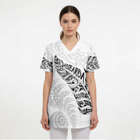 Aotearoa Personalized Lawn Bowls Maori Scrub Top New Zealand White Tribal Silver Fern - Polynesian Pride