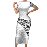 Aotearoa Personalized Lawn Bowls Maori Short Sleeve Bodycon Dress New Zealand White Tribal Silver Fern LT7 Long Dress White - Polynesian Pride