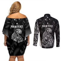 Personalised Maori Waitangi Couples Matching Off Shoulder Short Dress and Long Sleeve Button Shirt New Zealand Silver Fern Mix Kowhai Flowers LT7 - Polynesian Pride