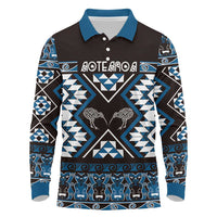 Personalised Taniko Motifs Aotearoa Long Sleeve Polo Shirt Waitangi Kowhaiwhai Kiwi - Blue