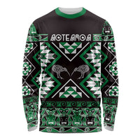 Personalised Taniko Motifs Aotearoa Long Sleeve Shirt Waitangi Kowhaiwhai Kiwi - Green