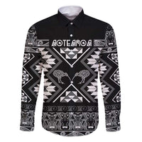 Personalised Taniko Motifs Aotearoa Family Matching Long Sleeve Bodycon Dress and Hawaiian Shirt Waitangi Kowhaiwhai Kiwi - Monochrome