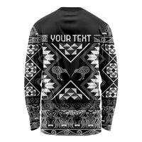Personalised Taniko Motifs Aotearoa Long Sleeve Shirt Waitangi Kowhaiwhai Kiwi - Monochrome