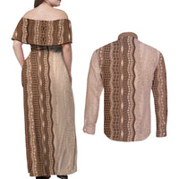 Vintage Beige Hawaiian Traditional Kapa Mix Flowers Lei Couples Matching Off Shoulder Maxi Dress and Long Sleeve Button Shirt