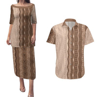 Vintage Beige Hawaiian Traditional Kapa Mix Flowers Lei Couples Matching Puletasi and Hawaiian Shirt