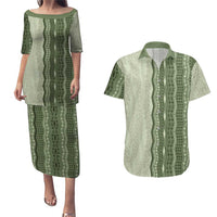 Vintage Sage Green Hawaiian Traditional Kapa Mix Flowers Lei Couples Matching Puletasi and Hawaiian Shirt