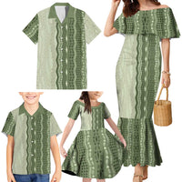 Vintage Sage Green Hawaiian Traditional Kapa Mix Flowers Lei Family Matching Mermaid Dress and Hawaiian Shirt