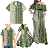 Vintage Sage Green Hawaiian Traditional Kapa Mix Flowers Lei Family Matching Off Shoulder Maxi Dress and Hawaiian Shirt