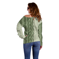 Vintage Sage Green Hawaiian Traditional Kapa Mix Flowers Lei Off Shoulder Sweater