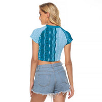 Vintage Cobalt Blue Hawaiian Traditional Kapa Mix Flowers Lei Raglan Cropped T Shirt