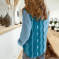 Vintage Cobalt Blue Hawaiian Traditional Kapa Mix Flowers Lei Women Casual Shirt