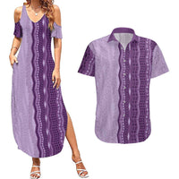 Vintage Violet Hawaiian Traditional Kapa Mix Flowers Lei Couples Matching Summer Maxi Dress and Hawaiian Shirt