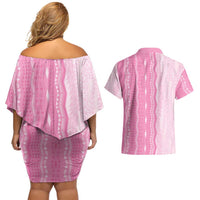 Vintage Pink Hawaiian Traditional Kapa Mix Flowers Lei Couples Matching Off Shoulder Short Dress and Hawaiian Shirt