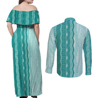 Vintage Teal Hawaiian Traditional Kapa Mix Flowers Lei Couples Matching Off Shoulder Maxi Dress and Long Sleeve Button Shirt