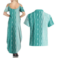 Vintage Teal Hawaiian Traditional Kapa Mix Flowers Lei Couples Matching Summer Maxi Dress and Hawaiian Shirt