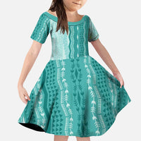 Vintage Teal Hawaiian Traditional Kapa Mix Flowers Lei Family Matching Mermaid Dress and Hawaiian Shirt LT7 Daughter's Dress Teal - Polynesian Pride