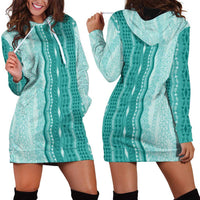 Vintage Teal Hawaiian Traditional Kapa Mix Flowers Lei Hoodie Dress