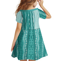 Vintage Teal Hawaiian Traditional Kapa Mix Flowers Lei Kid Short Sleeve Dress