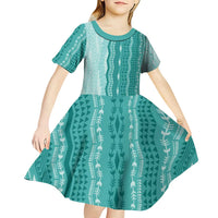 Vintage Teal Hawaiian Traditional Kapa Mix Flowers Lei Kid Short Sleeve Dress