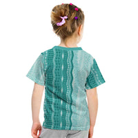 Vintage Teal Hawaiian Traditional Kapa Mix Flowers Lei Kid T Shirt