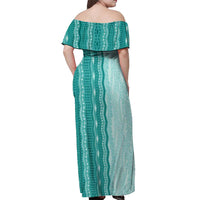 Vintage Teal Hawaiian Traditional Kapa Mix Flowers Lei Off Shoulder Maxi Dress LT7 - Polynesian Pride