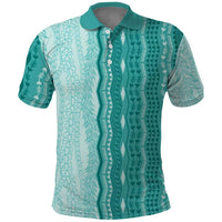 Vintage Teal Hawaiian Traditional Kapa Mix Flowers Lei Polo Shirt