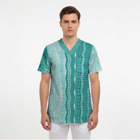 Vintage Teal Hawaiian Traditional Kapa Mix Flowers Lei Scrub Top